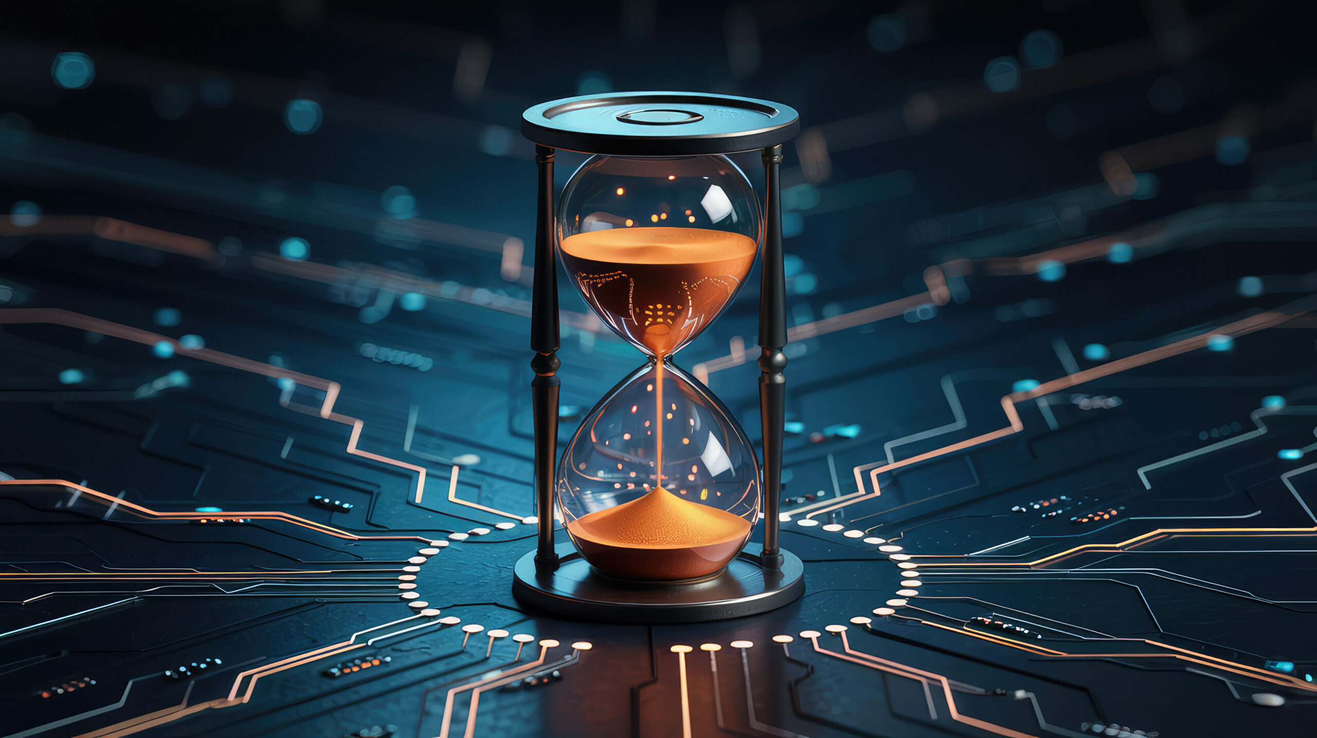 Digital era of time: an elegant hourglass resting on a motherboard, embodying the rapid passage of time in our technology driven world.