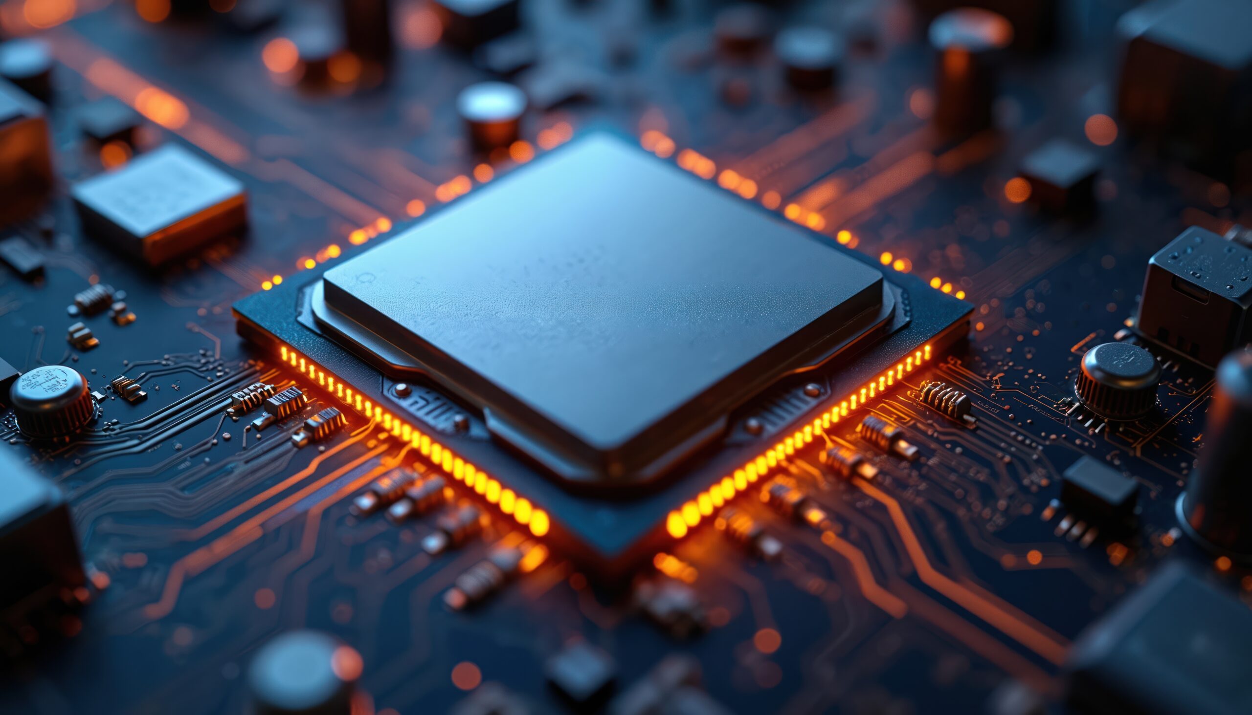 Futuristic computer cpu central processing unit close up. motherboard with metallic textures, circuit traces and glowing light effects. advanced tech, innovation in data processing.