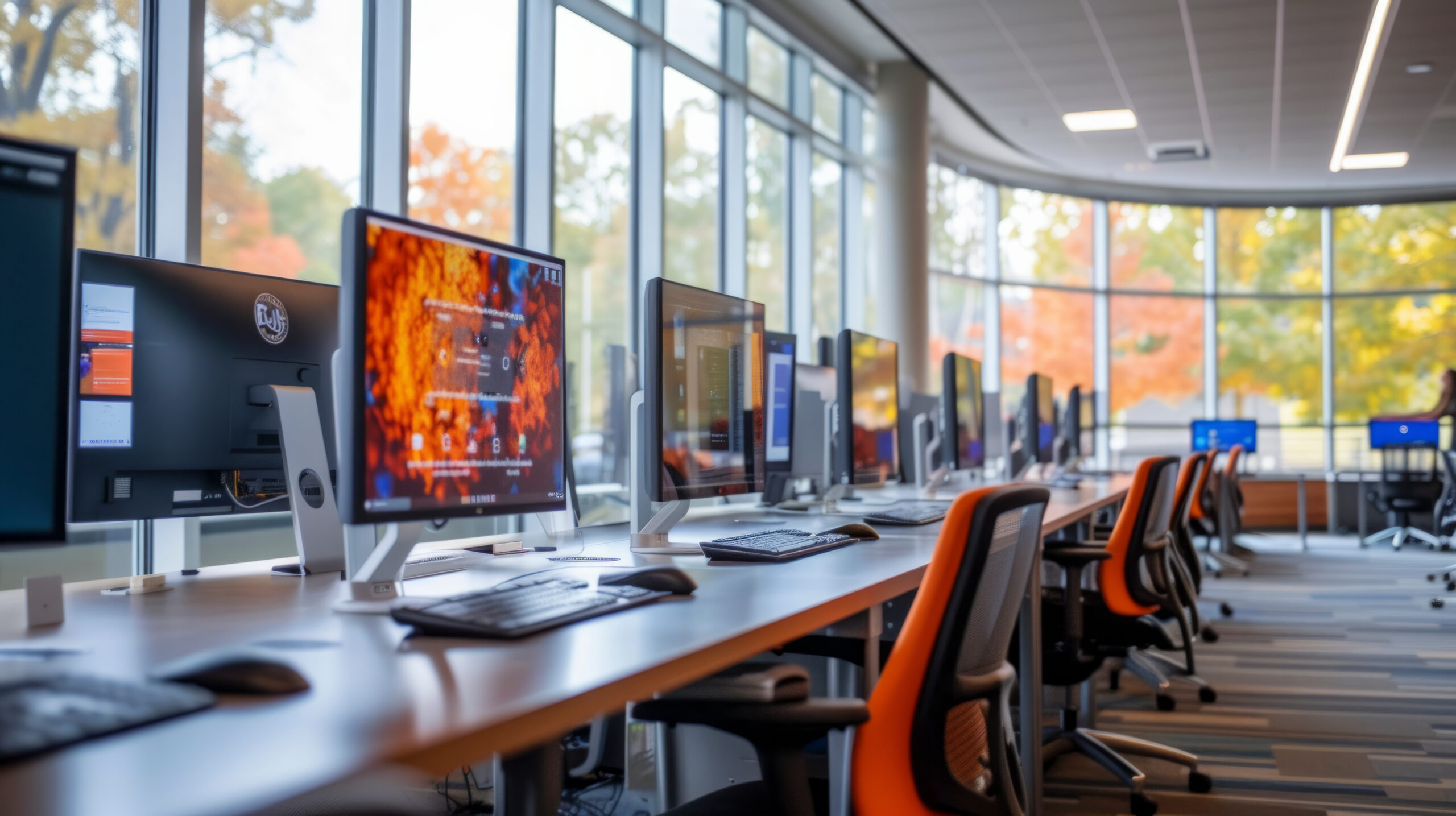 Cutting edge college computer lab, sleek workstations, and collaborative spaces, focusing on the intersection of education and innovation